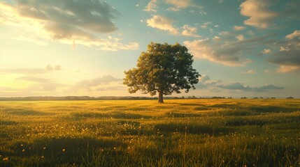 Fototapeta na wymiar A rural landscape featuring a solitary tree standing tall in a vast field.