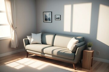 Cozy modern living room bathed in warm morning sunlight, featuring a stylish sofa, plants, and elegant wall art