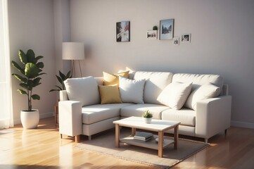 Inviting modern living room with morning sunlight, featuring a cozy white sofa and stylish home decor