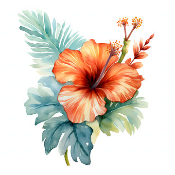 A watercolor illustration of  flower-themed doodly font, adorned with a small, hand-drawn cute tropical flower, smaller than the letter itself. The tropical flower.