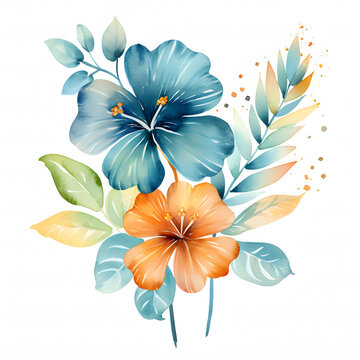 A watercolor illustration of  flower-themed doodly font, adorned with a small, hand-drawn cute tropical flower, smaller than the letter itself. The tropical flower.
