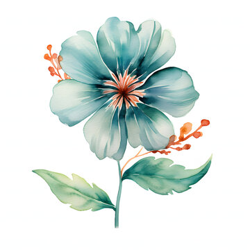 A watercolor illustration of  flower-themed doodly font, adorned with a small, hand-drawn cute tropical flower, smaller than the letter itself. The tropical flower.
