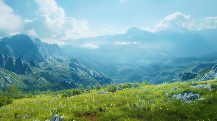 Fototapeta premium Breathtaking panorama of morning wild nature high in mountains