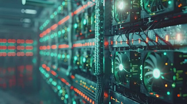 Moving animation of Digital currency mining farm with rows of mining rigs