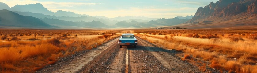 A lone car drives down a desolate desert highway. The car is a classic 1960s model, and it is clear that the driver is enjoying the open road.