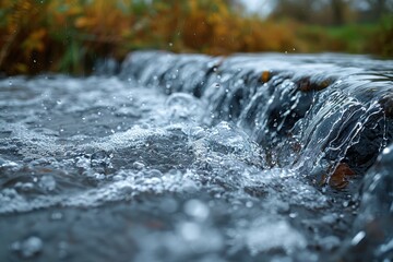 A serene forest backdrop with a small cascading river provides a tranquil and relaxing view of water in motion