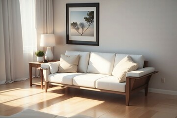 Modern living room bathed in sunlight featuring a cozy sofa, elegant lamp, wooden side table, and framed artwork on the wall