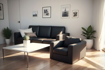 Elegant living room featuring a black sofa, armchair, and white coffee table bathed in natural sunlight from large windows