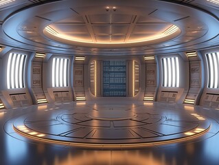 A modern and sleek spaceship command center with illuminated panels and screens.