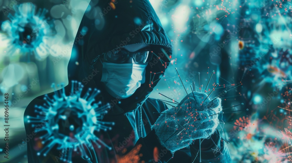 Poster protecting your computer from viruses and hacker attacks, creating art collages.