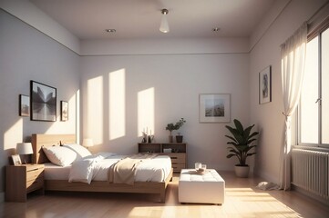 Modern bedroom interior with cozy and stylish decor illuminated by the warm glow of sunset light, evoking a tranquil ambiance