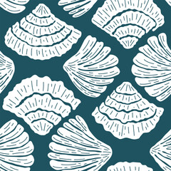 Linocut illustration of underwater world. Vector seamless pattern with hand drawn white scallop shell on dark blue background. Beautiful sea coast tile with organic vibrant shapes. Ocean aesthetics.