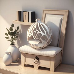 Elegant white spherical ornament with detailed cut-out designs adorns a modern dressing chair in a stylish bedroom decor