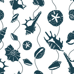 Fototapeta premium Linocut illustration of underwater world. Vector seamless pattern with blue hand drawn different shells and waves on white background. Sea life tile with organic vibrant shapes. Ocean aesthetics.