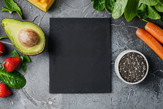 Healthy menu mockup surrounded by fresh ingredients. Generative AI