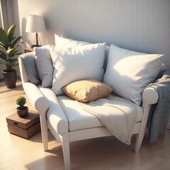 Contemporary cozy living room with a white sofa, soft pillows, a knitted throw, and a small potted plant on the side