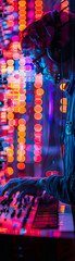 Musicians, AI collaborative composition, blending classical and electronic styles, in a futuristic neon-lit studio