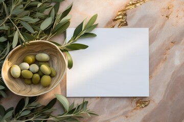 Olive Branches And Bowl With Fresh Olives Beside Blank White Card. Generative AI