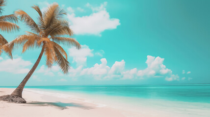 A serene tropical beach scene with a lone palm tree leaning over soft white sand, set against a turquoise ocean and a bright blue sky dotted with fluffy white clouds.