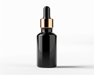Premium black dropper bottle isolated with a metallic cap, designed for highend essential oils and serums