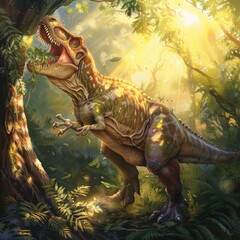 A beautiful big dinosaur is eating leaves from a tree.