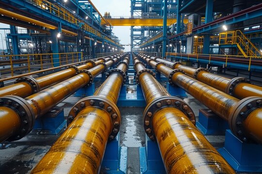 Parallel yellow gas or oil pipelines run through an industrial complex, showcasing an example of industrial precision and scale
