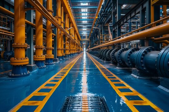 The photo captures a leading perspective through parallel pipes within an industrial corridor, indicating direction and movement