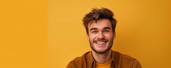 Obraz premium Handsome young man is happy and smiling on yellow background.