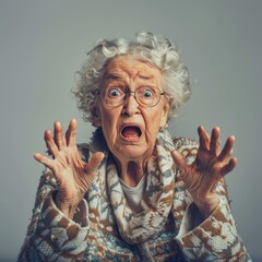 Scared elderly woman who is afraid on a light background.