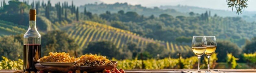 Enjoy a delicious Italian meal with wine in the beautiful countryside. The sun is setting over the...