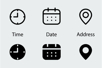 Time, date, address, location icons. Clock, day, place symbols. Easy editable vector design.