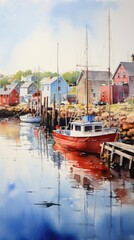 A watercolor painting of a small fishing village