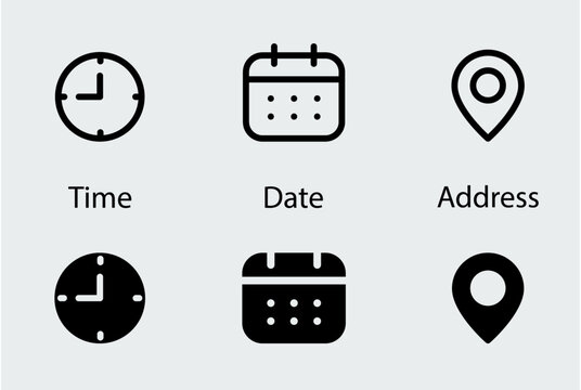 Time, date, address, location icons. Clock, day, place symbols. Easy editable vector design.