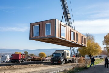 Crane hoists a prefabricated modular house above a construction site for precise placement