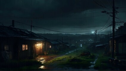 beautiful cozy countryside view of a cyberpunk countryside at night, outside torrential rain, detailed aesthetic, nature, dark, gloomy and moody