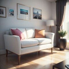 Chic living room with a cozy white sofa and vibrant cushions, illuminated by the sun streaming through the window