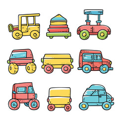 Cartoon vehicles colorful collection isolated white background. Different types cute cars trucks doodle style. Playful vehicles set childrens book educational material design
