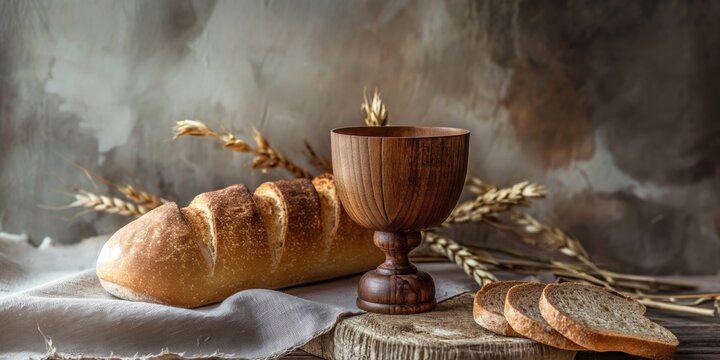 A rustic still life of bread next to a wooden cup, likely representing the Christian sacraments and symbolizing faith and sustenance