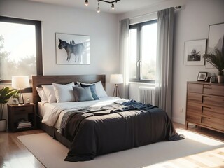 Cozy and stylish modern bedroom featuring a comfortable bed, elegant furniture, and art decor under soft natural lighting conditions