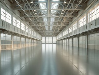 Bright and spacious interior of an industrial loft with high ceilings and large windows.