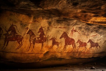 Ancient Cave Paintings Of Horses Captured On Rock Surface In Warm Light. Generative AI