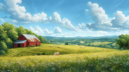 Red barn in green field painting. Generative AI