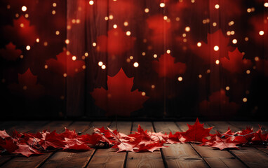 Red maple leaves on wooden floor in front of curtain. Generative AI