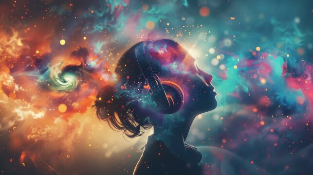 Imaginary world under music that soothes the mind, woman, wearing headphones, imagination, music, open mind, mind, psychology, Generative Ai.