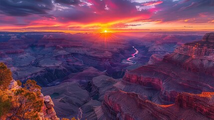 Obraz premium The sun sets over the vast and colorful landscape of the Grand Canyon, painting the sky with vibrant hues.