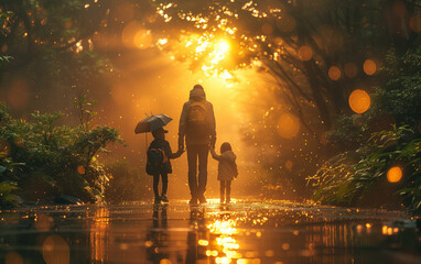 Woman and two children walking in the rain. Generative AI