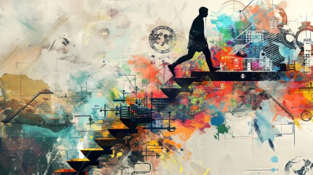 Career advancement, technology and education, and art collage.