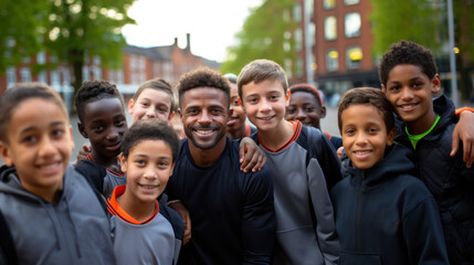 Junior Rugby Players and Their Coach Smiling Together in a City Setting