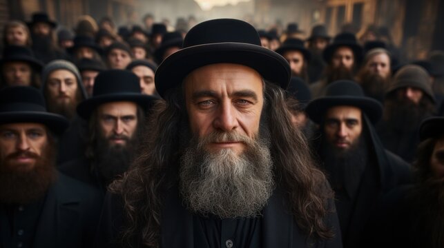 Large Group of Orthodox Hasidic Jews Gathered in Traditional Attire