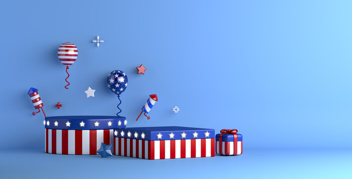 Fourth of July independence day concept with podium, balloon, rocket firework, gift box, USA display podium, copy space text, 3D rendering illustration